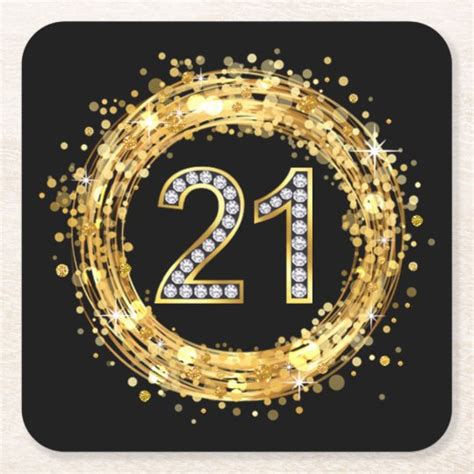 Diamond Number 21 Glitter Bling Confetti Gold Square Paper Coaster