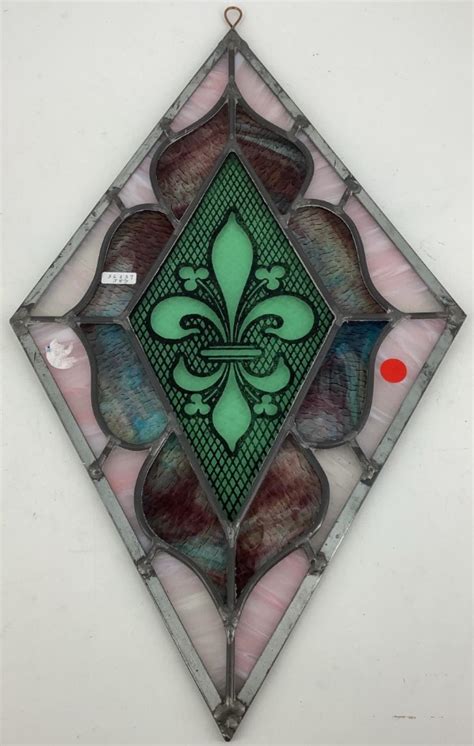 Lot Stained And Leaded Glass Window With Fleur De Lis Motif 21 Tall