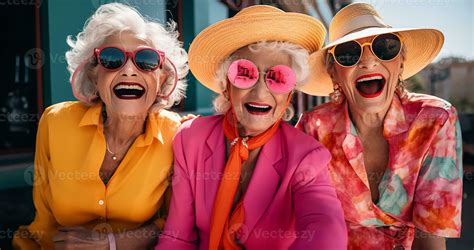 Three Senior Citizen Mature Women Friends Outside Wearing Colorful And