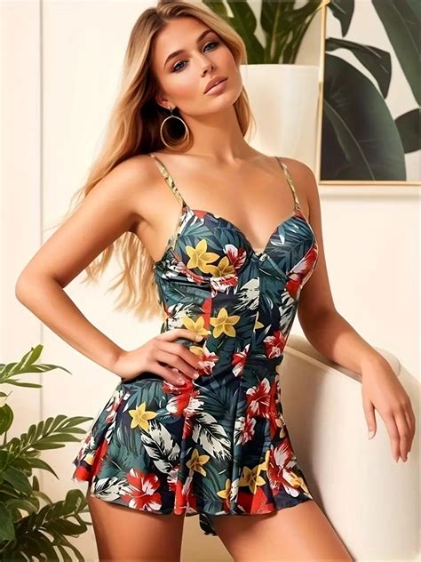 Tropical Floral Print Spaghetti Strap Tankini V Neck High Temu Australia