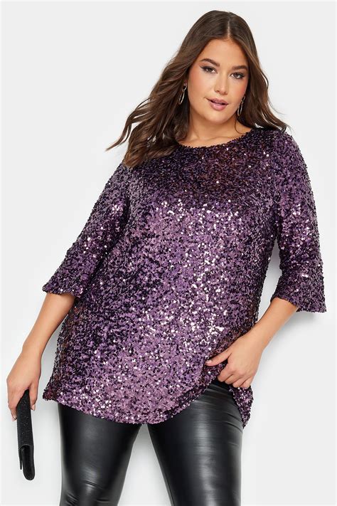 Yours London Plus Size Purple Sequin Flute Sleeve Top Yours Clothing