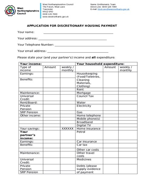 Application For Discretionary Housing Payments DHP Doc Template