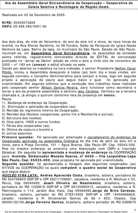 Ata Da Assembl Ia Geral Extraordin Ria Da Coopera O Cooperativa De