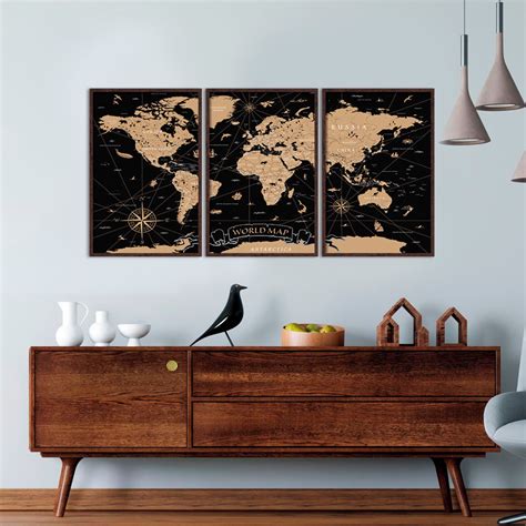 Quadro Decorativo Moldura Mapa Mundi Velho Preto E Dourado Elo