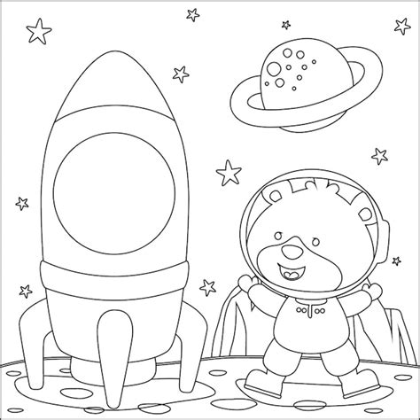 Lindo león astronauta con cohete en el planeta para niños libro o