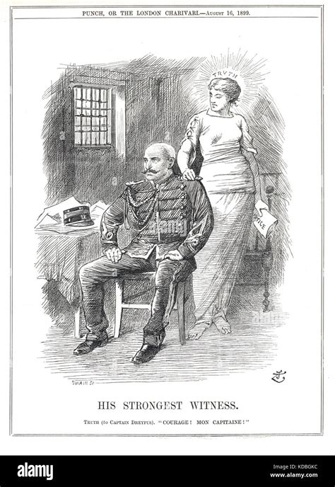 The Dreyfus affair. Punch Cartoon of Dreyfuss in his cell being encouraged by a symbol of truth ...