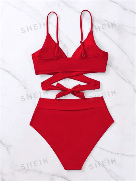 SHEIN Swim Solid Bikini Set Crisscross Tie Back Bra Overlap High