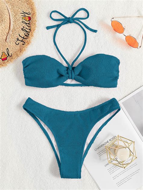 Shein Swim Chicsea Textured Bikini Set Halter Bra Bikini Bottom