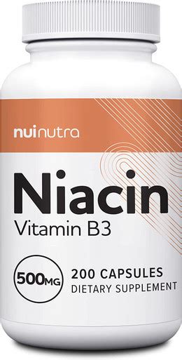 Nui Nutra Niacin Vitamin B3 Supplement 500mg 200 Capsules