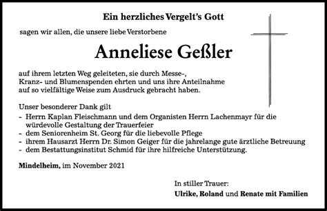 Traueranzeigen von Anneliese Geßler Augsburger Allgemeine Zeitung