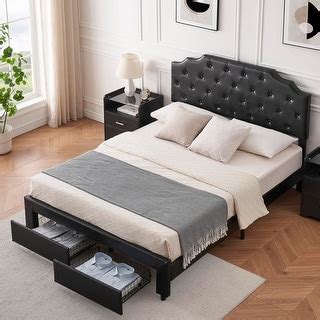 Black Leather Upholstered Bed Frame with 2 Drawers Wooden Slats Support ...