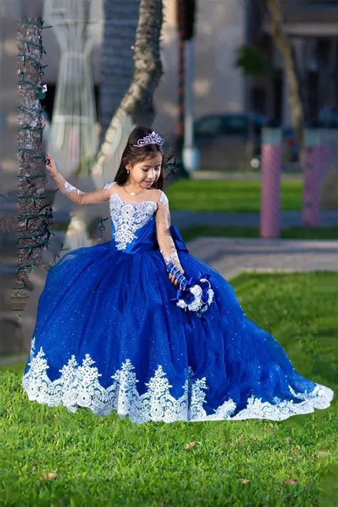 Royal Blue White Lace Appliqu Flower Girl Dresses Scoop Neck Full