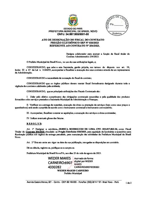 DESIGNAÇÃO DO FISCAL DO CONTRATO Nº 254 2023 Prefeitura Municipal de