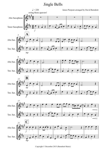 Jingle Bells Jazzy Style For Alto And Tenor Saxophone Duet Arr