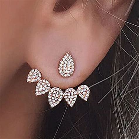 1 Pair Women Korean Style Crystal Rhinestone Double Sided Ear Jacket