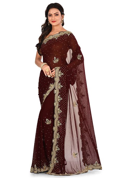 Buy Hand Embroidered Georgette Saree In Dark Maroon Online SEH2365