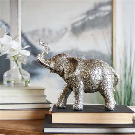 Litton Lane Silver Polystone Engraved Floral Elephant Sculpture