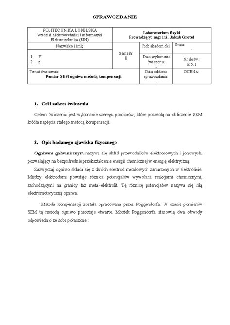 Pomiar SEM ogniwa metodą kompensacji POLITECHNIKA LUBELSKA Wydział