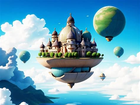 Premium AI Image A Castle On A Hot Air Balloon With A Blue Sky And Clouds