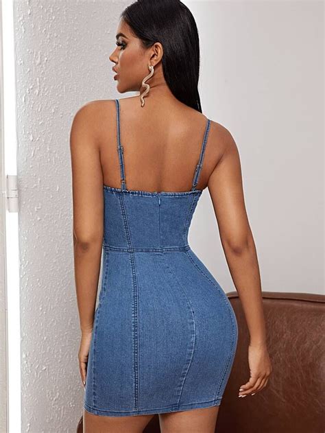 Light Wash Denim Bustier Cami Bodycon Dress Shein Usa Bodycon Dress Denim Dress Denim Bustier