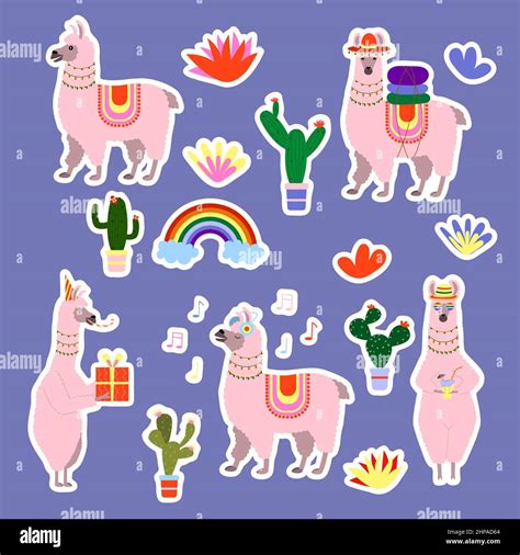 A Set Of Stickers Cute Cartoon Llamas Cacti Rainbow Stickers For