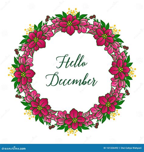 Text Hello December With Ornate Of Leaf Floral Frame Vector Stock