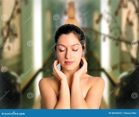 Beautiful Woman At Spa Meditating Eyes Closed Stock Image Image Of