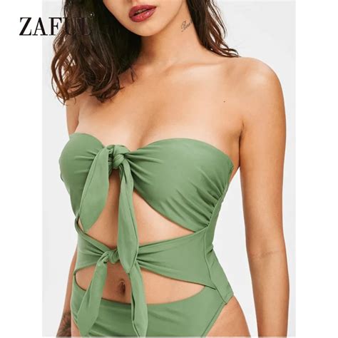 Zaful Women One Piece Swimwear Tie Front Bandeau Swimsuit Sexy