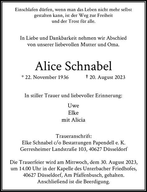 Alle Traueranzeigen F R Alice Schnabel Trauer Rp Online De