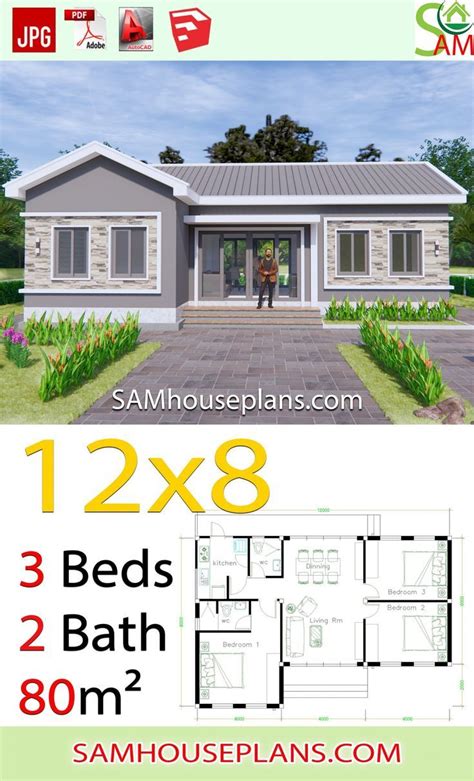 House Plans 12x8 With 3 Bedrooms Gable Roof Sam House Plans In 2020