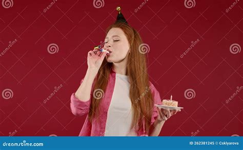 Happy Birthday Woman Making Wish Blowing Candle On Cake Girl Laughs