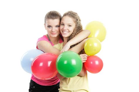 Smiling Girls with Balloons Over White Stock Image - Image of happy, friends: 17461213