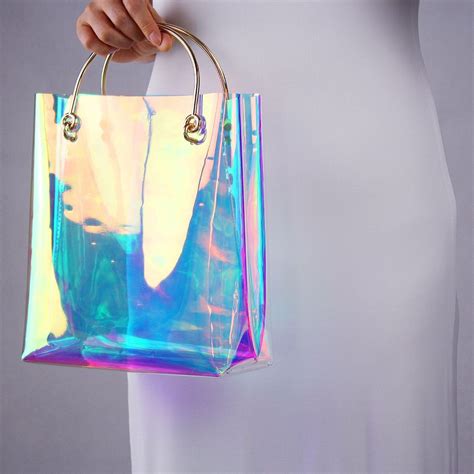 Clear Tote Golden Brass Rings Handle Shopper Bag Hologram Holographic Unicorn Holographic Bag