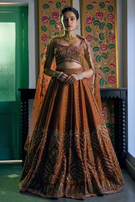 Buy Orange Net Embroidery Sequin Square Neck Floral Lehenga Set For