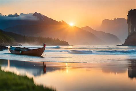 Premium Photo | A boat on the beach at sunset