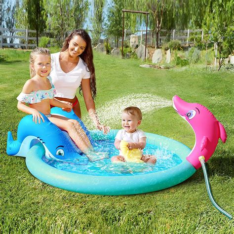 SLOOSH - 60in Inflatable Kiddie Pool with Dolphin Sprinkler and Kiddie