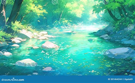 A River Flows Through A Forest Anime Manga Wallpaper Artwork Stock