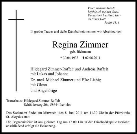 Traueranzeigen Von Regina Zimmer Trauer In NRW De