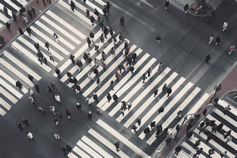 Aerial People Crowd On Pedestrian Crosswalk Top View Background