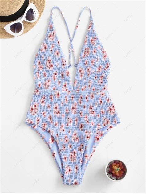 [27 Off] 2021 Zaful Floral Smocked Plunge Criss Cross Swimsuit In Sea