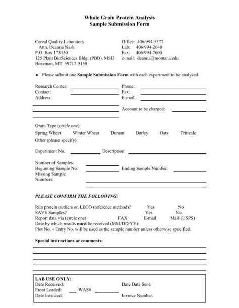 Sample Submission Form Whole Grain Protein Analysis