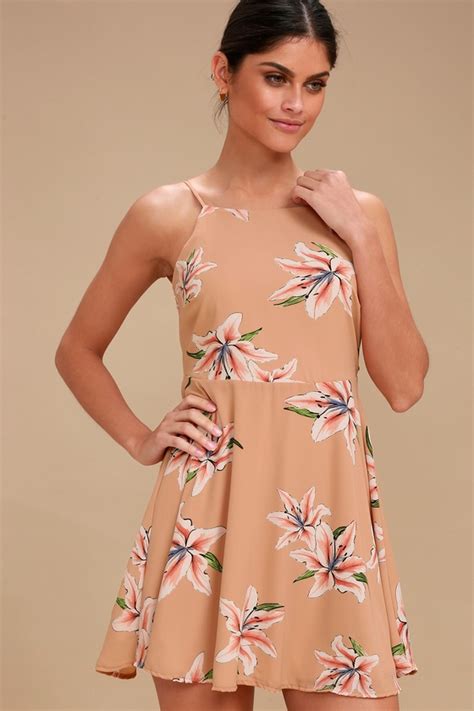 Lovely Floral Print Dress Nude Dress Tie Back Dress Lulus