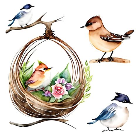 Premium AI Image | A set of birds in a nest with flowers