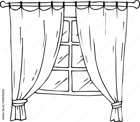 Window With Curtains Drawing Coloring Book Vector Illustration Stock