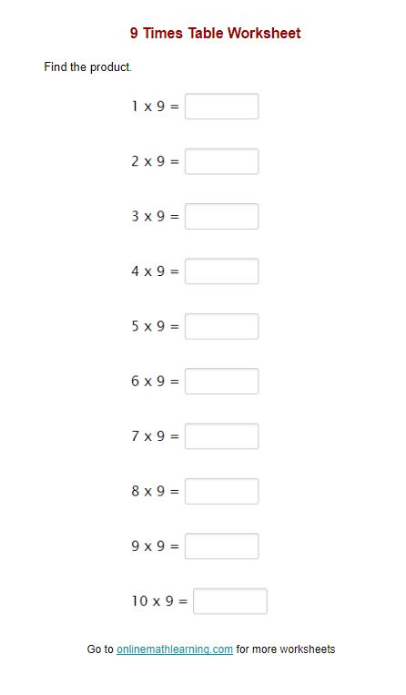 9 Times Table Worksheet (printable, online, answers)