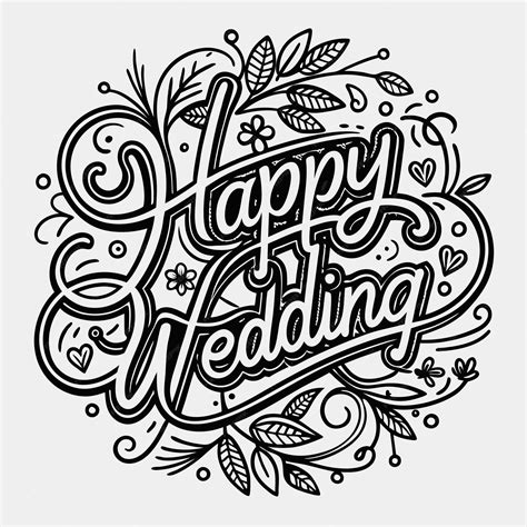 Hand Drawn Calligraphy Happy Wedding Lettering With Floral Elements