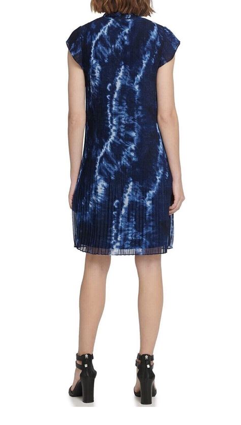 Dkny Pleated Shift Dress Blue Tie Dye Chiffon Flutter Gem