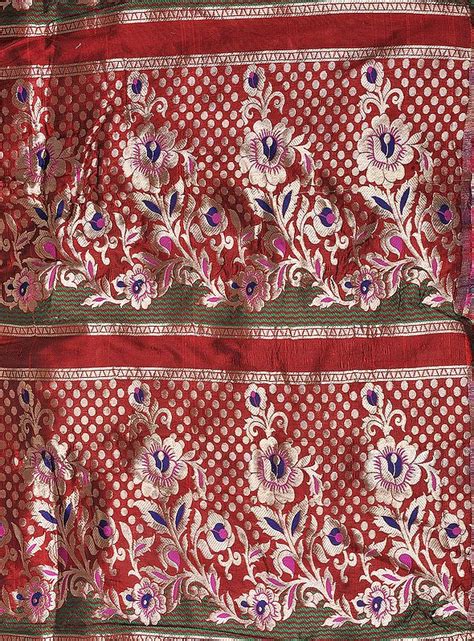 Scarlet Red Brocade Fabric From Banaras With Golden Zari Weave Exotic