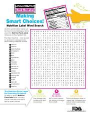 Making Smart Choices Nutrition Label Word Search Find Hidden