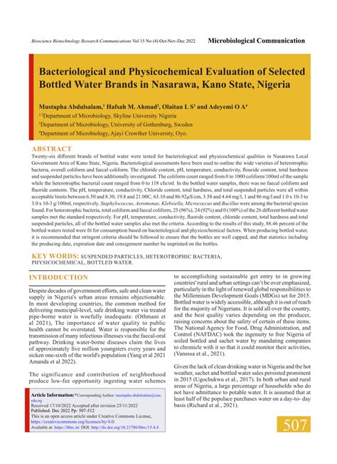 PDF Bacteriological And Physicochemical Evaluation Of Selected